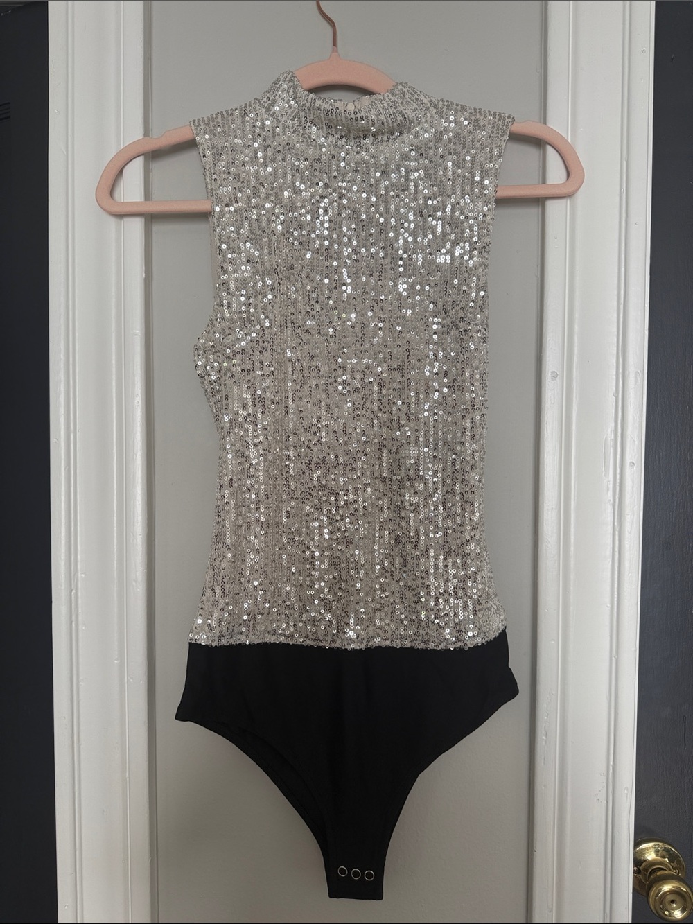 Free People Silver Sequin Mock Neck Sleeveless Bodysuit with Black Bottom